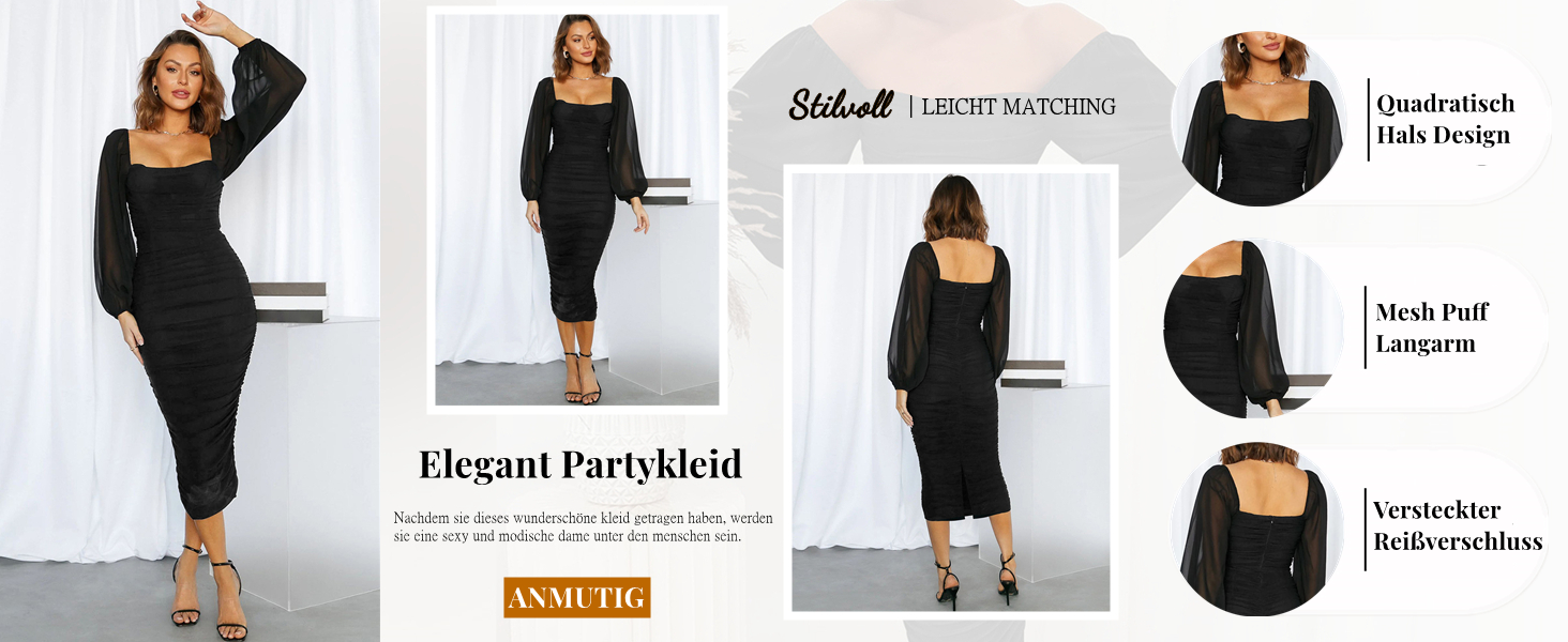 Сукня-боді Odizli з мереживом, довгим рукавом та облягаючим силуетом, міді, чорна - для вечірок та свят