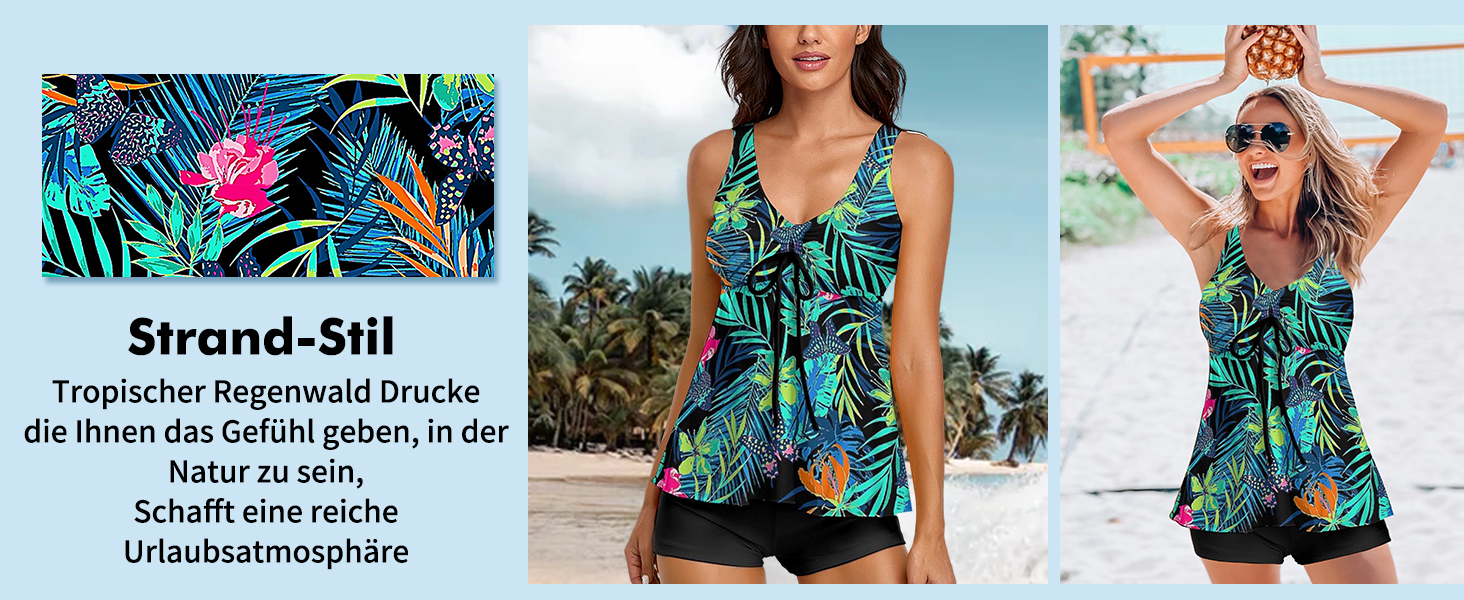 Tankini жіночий купальник з високою талією, push-up топ з шортами, двочастинний, квітковий принт, блакитний, розмір L