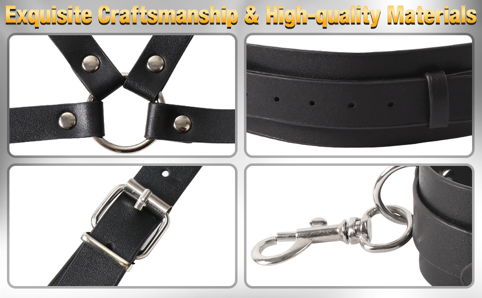 Набір для БДСМ-фіксації: шкіряне гірди з наручниками та манжетами для стегон. Інтимні іграшки для пар, сексуальна білизна, корсет від шиї до стегон (чорний)