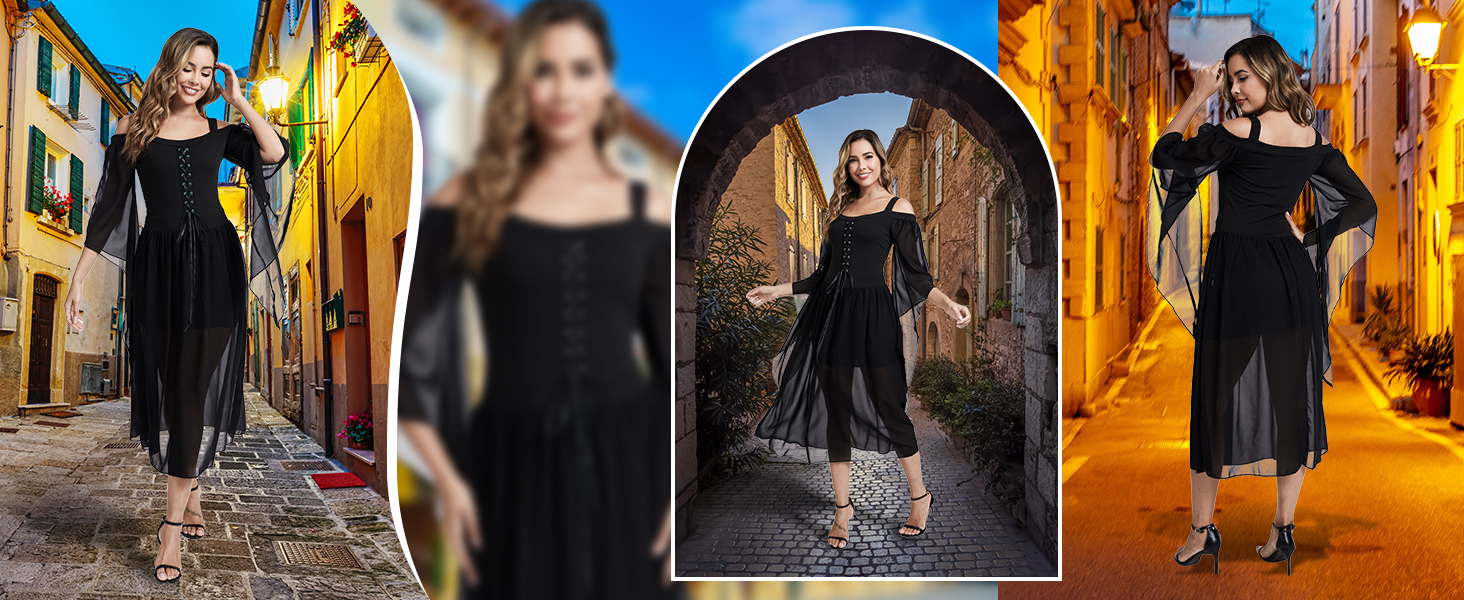 Костюм Ренесанс для жінок: середньовічне плаття з рукавами-трубами, готичне максі, для карнавалу, Хелловіну, вечірки, чорний