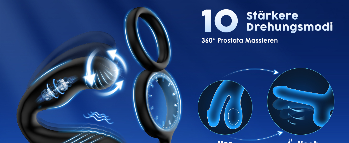 Вібратор для чоловіків для стимуляції простати, з обертанням на 360° та 10 режимами вібрації, анальний плагін з кільцем