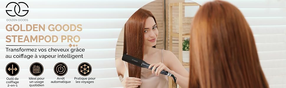 Професійний випрямляч для волосся 2-в-1 Golden Goods: стайлер-плойка з титановими керамічними пластинами 42мм, парова функція, LCD-дисплеєм та регулюванням температури 100-230°C, чорний