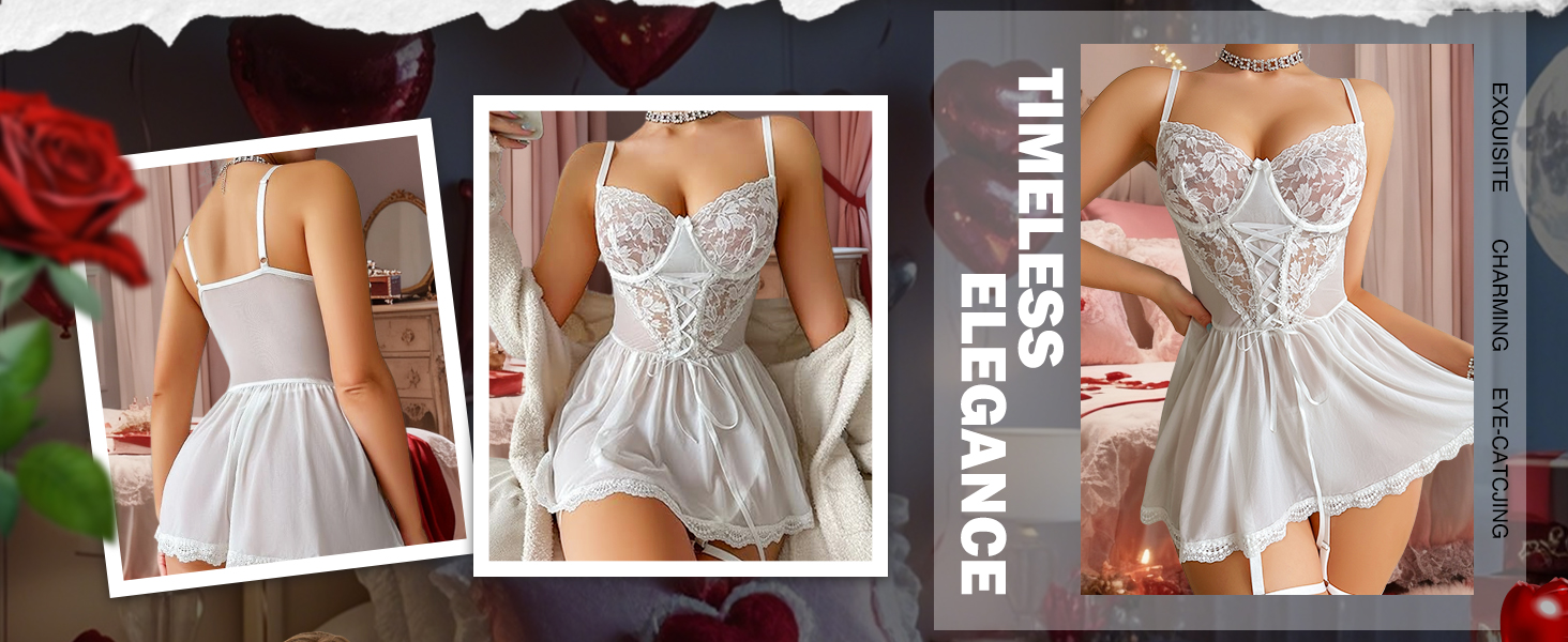 Сексуальний комплект спідньої білизни для жінок: мереживний набір, рейнжержа, нічна сорочка, babydoll з панчішними ремінцями та трусиками, чорний колір