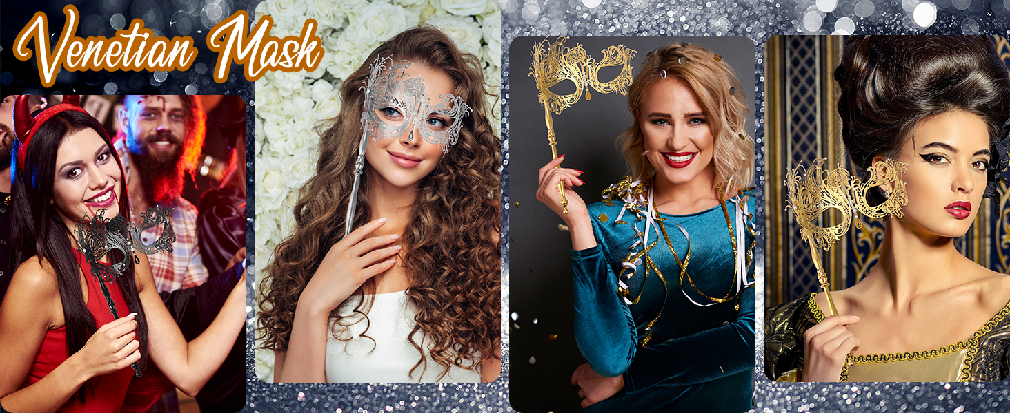 Набір з 3 венеціанських масок для жінок JewelryWe: металеві маски з стразами для карнавалу, Хелловіну, маскараду, з держателем