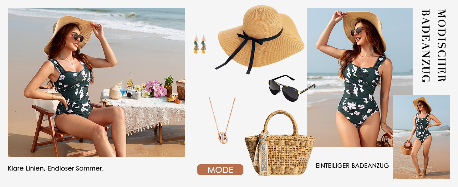 Світшот Badeanzug Damen: Одноцільний купальник з високою талією, Push Up, вінтажний, великі розміри, контроль живота, схуднення, пляжний, темно-зелений/рожевий з квітами