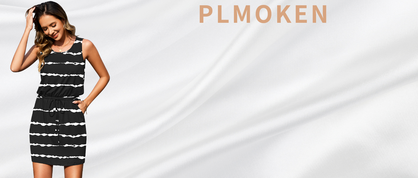 Літня сукня-міні PLMOKEN: пляжна сукня, повсякденна, без рукавів, з круглим вирізом, висока талія, смугастий принт, колір - леопард