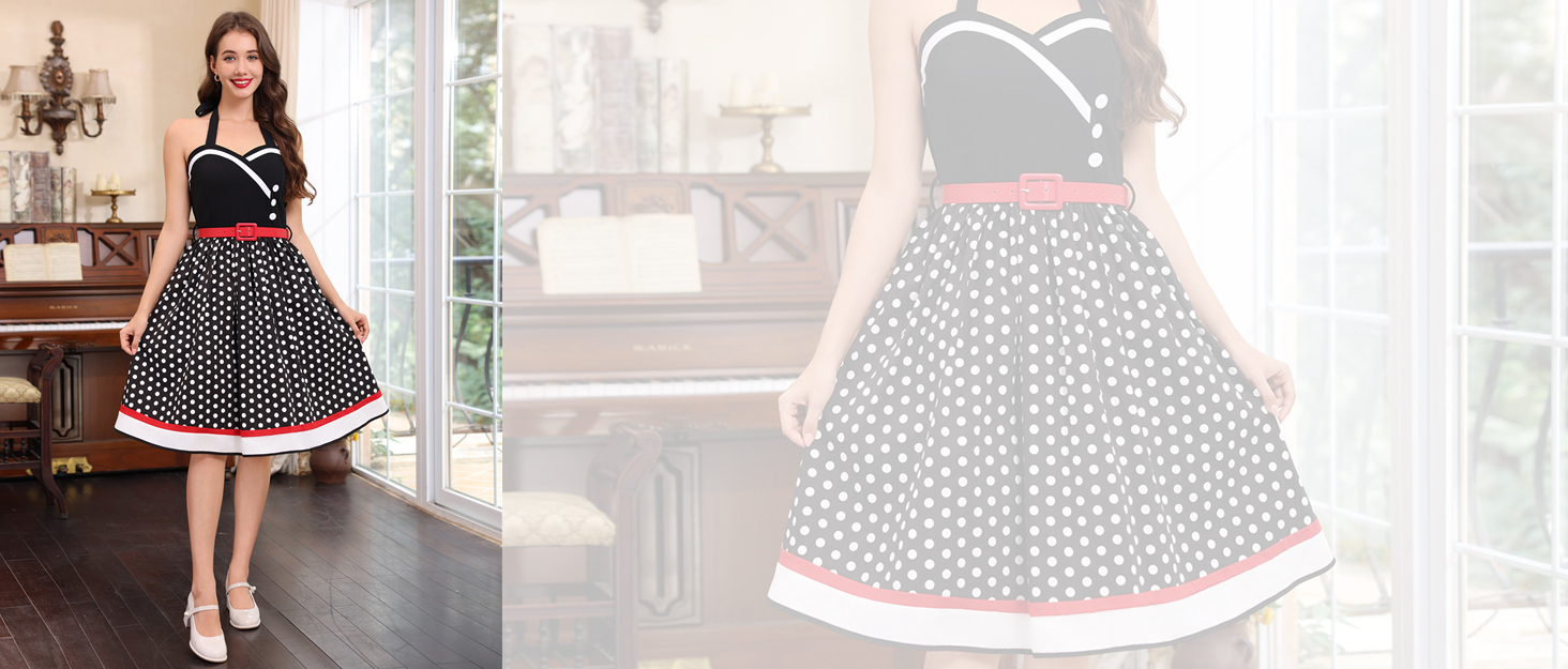 Сукня в стилі рокабіллі Odizli для жінок 50-х років. Короткий рукав, V-подібний виріз, принт у горошок, сукня-свінг для вечірки, весілля, чорна, розмір M