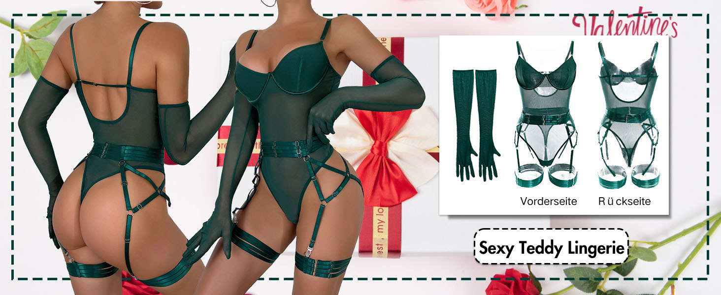 EVELIFE Комплект жіночої білизни: мереживний боді, стрінги та рукавички. Чорний, розмір 36