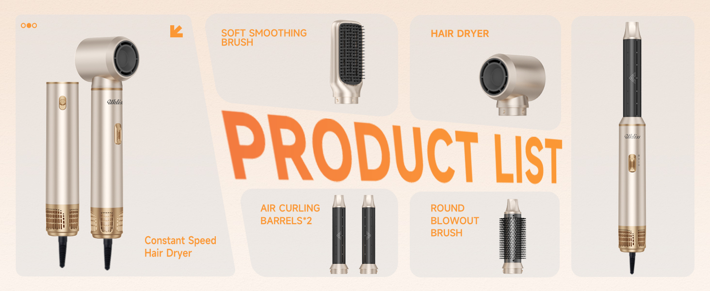 Мультистайлер для волосся 5 в 1 UKLISS Airstyler Pro 1000W: фен, брашинг, гофре, випрямляч та завивачі для сушіння та укладки, Сріблясто-золотий