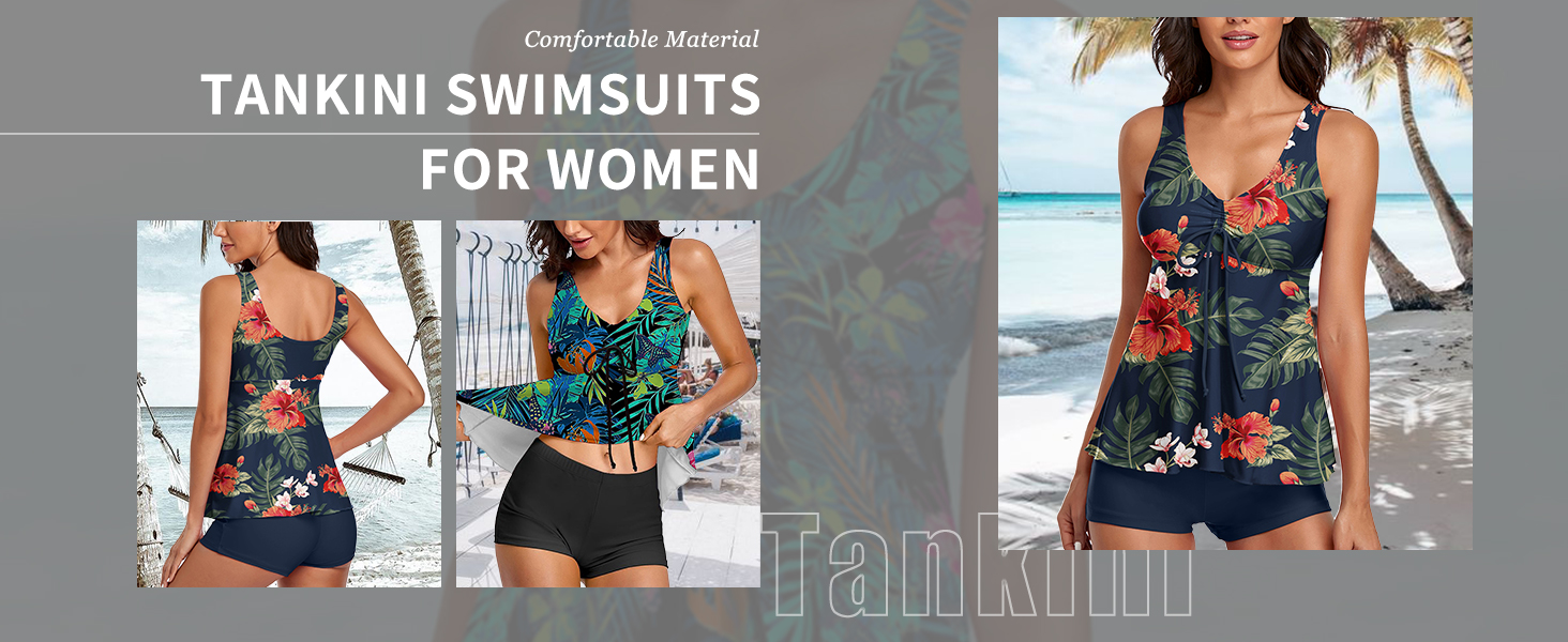 Tankini жіночий купальник з високою талією, push-up топ з шортами, двочастинний, квітковий принт, блакитний, розмір L