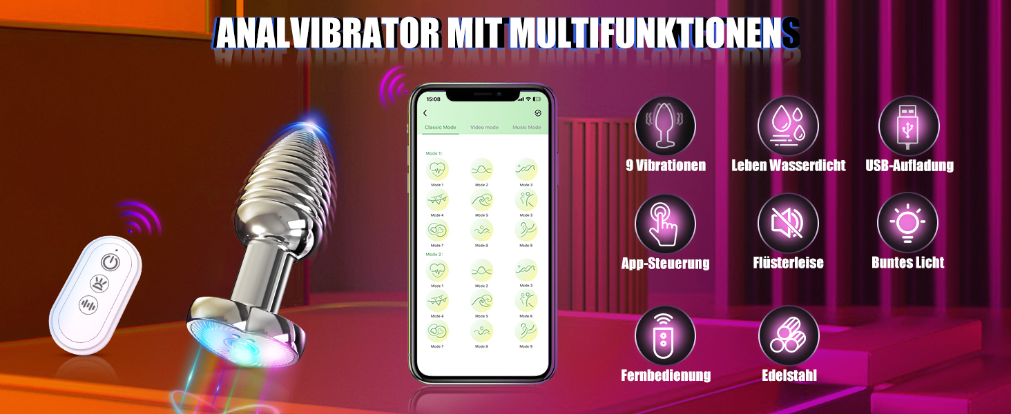 Вібратор для анусу з 9 режимами вібрації, стимулятор простати, для чоловіків та жінок (середній). Сердечко-підставка.