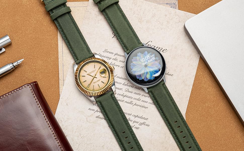 Шкіряний ремінець для годинника та смарт-годинника Vintage Elegant, швидкознімний, 20мм, темно-зелений (золотиста застібка)
