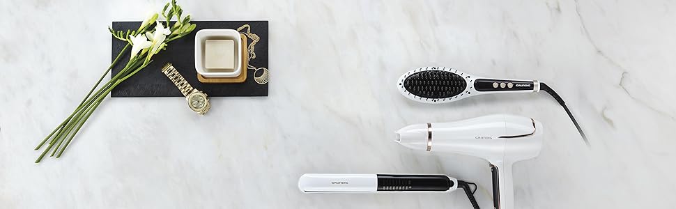 Фен для волосся Grundig HD 7880, 2200W, з іонізацією, Touch Control, 8 температурних та 7 режимів потоку повітря, LED-дисплей, холодний обдув, Білий/Рожеве золото