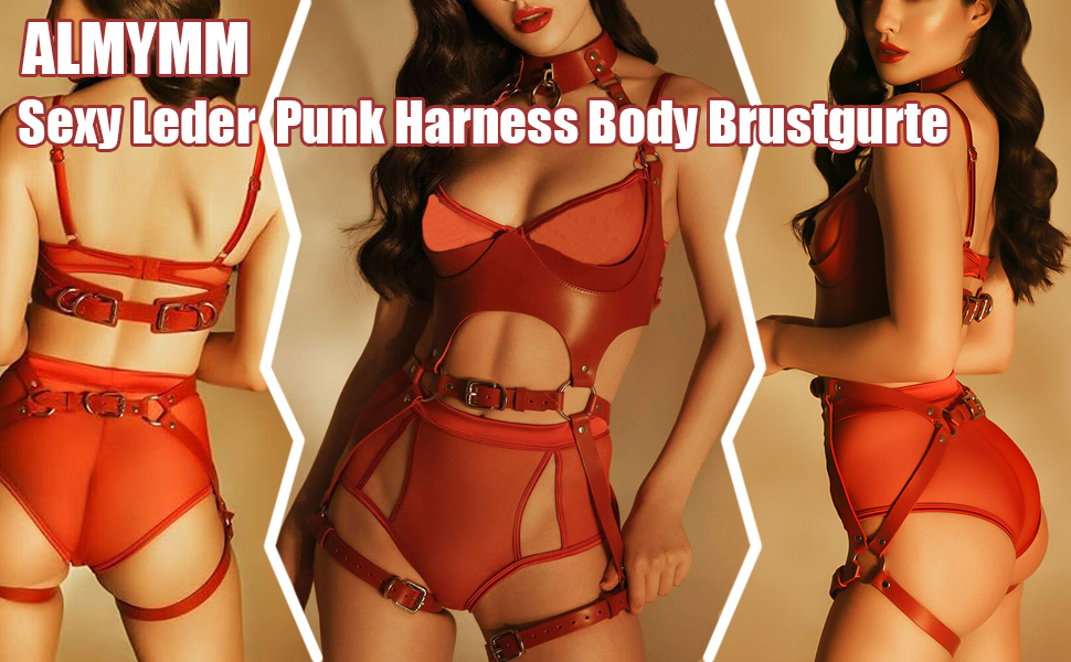 Жіночий шкіряний корсет-нагрудник ALMYMM: сексуальний аксесуар для Cosplay, вечірок та клубів. Нагрудник-збруя, пов'язки на стегна, ланцюги, SM-іграшки, червоний колір