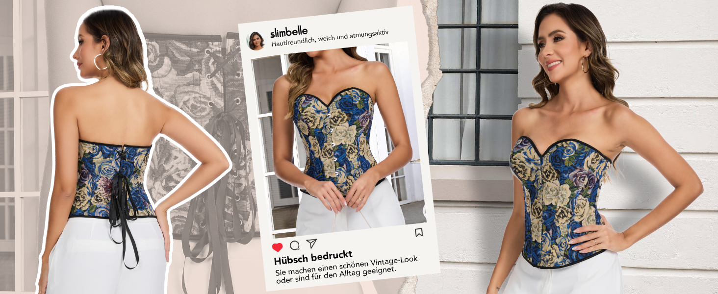 Корсет SLIMBELLE для жінок: корсет у стилі Ренесанс з квітковим принтом, повний бюст, топ-кроп, колір блакитно-рожевий, розмір S