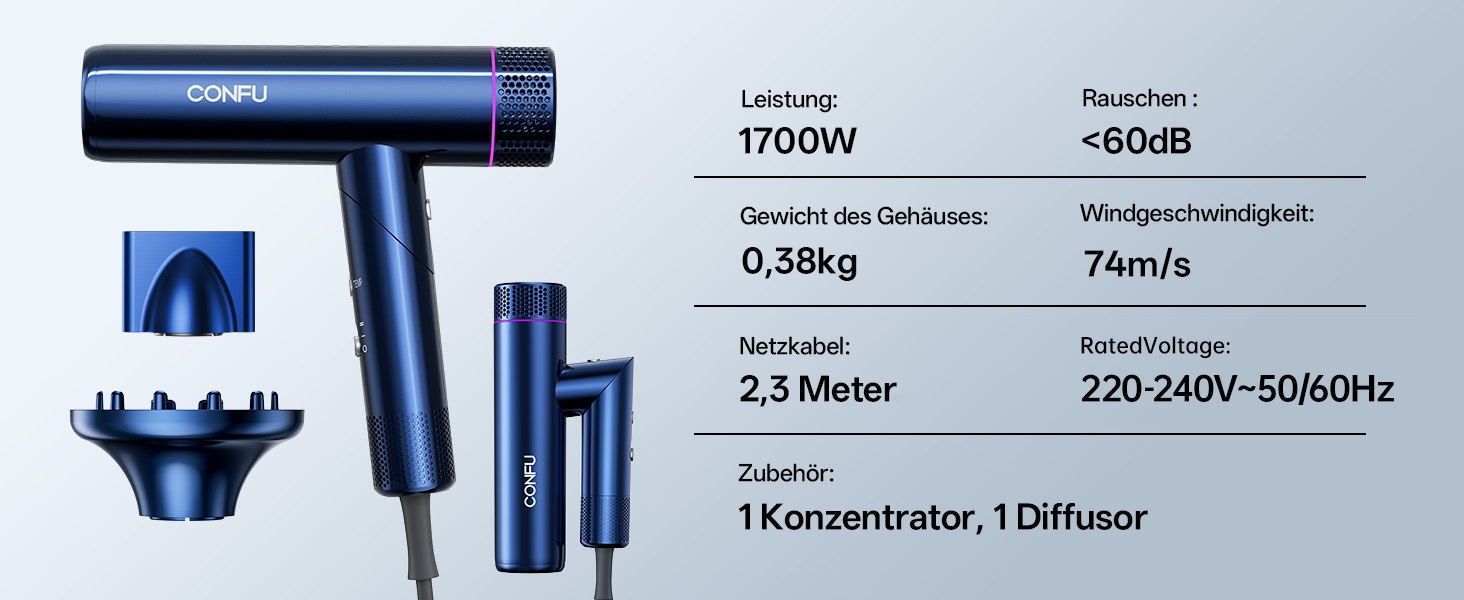 Професійний іонний фен для волосся CONFU 1700W, складаний фен з магнітним дифузором та стилізуючою насадкою, низький рівень шуму, синій