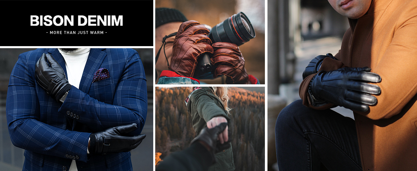 Чоловічі зимові рукавички BISON DENIM зі шкіри, теплі сенсорні рукавички для водіння, чорні, розмір L (BDS169-1B)