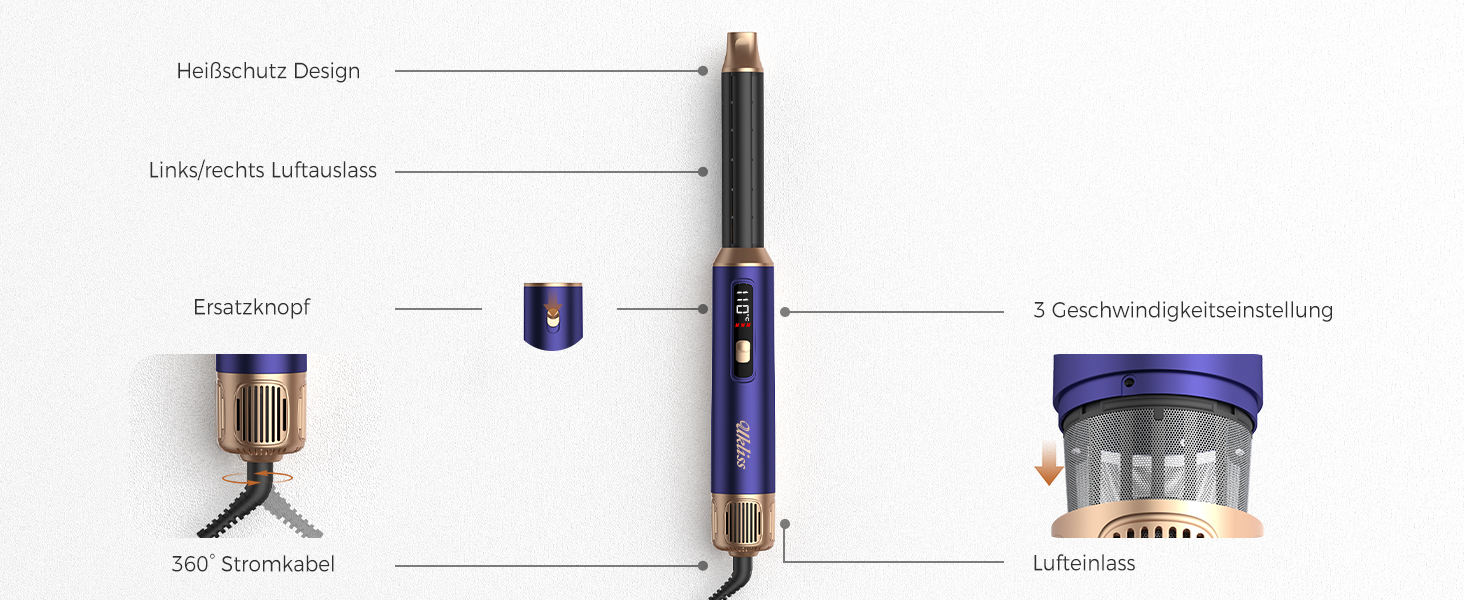 Мультистайлер для волосся 6 в 1 UKLISS Air Styler Set з дифузором, LCD-дисплеєм та насадами для завивки, сушіння та вирівнювання, 1000 Вт, Gold Blue