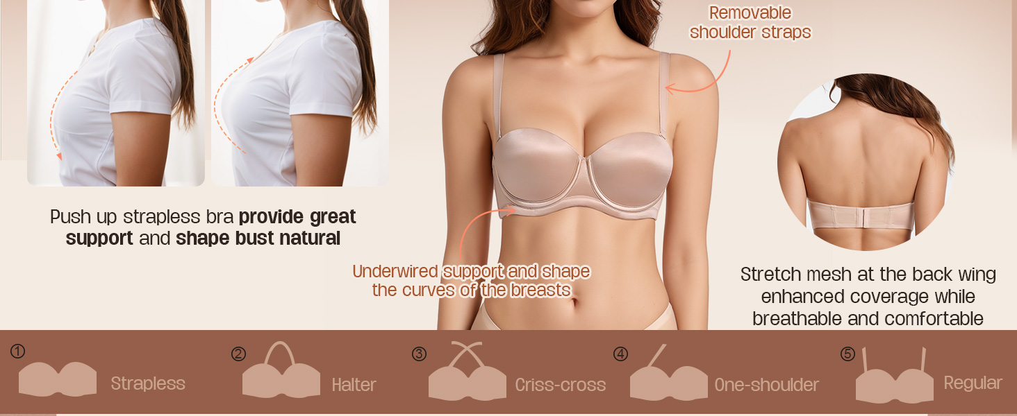 Бюстгальтер Lemorosy без бретелек з пуш-ап, великі розміри, сильний тримач, з підкладкою, мультивей, знімні бретелі, 85A, бежевий