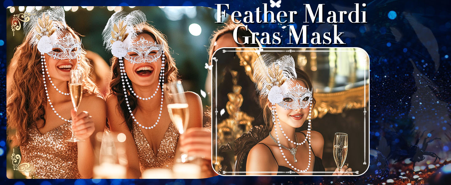 Маска для жінок IYOU, біла, з пір'ям та перловим намистом, для карнавалу, вечірки, балу