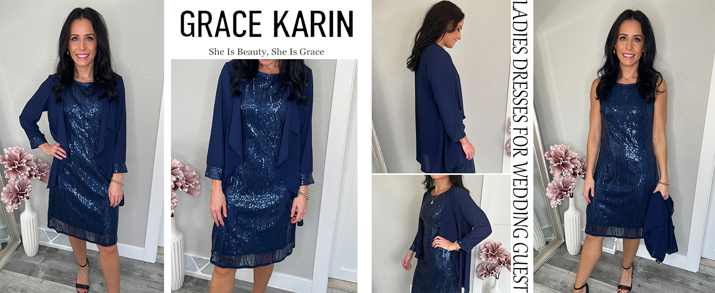 Сукня Grace Karin з паєтками та кардиганом з тюлю, темно-синя, розмір XL. Елегантний комбінезон для вечірки