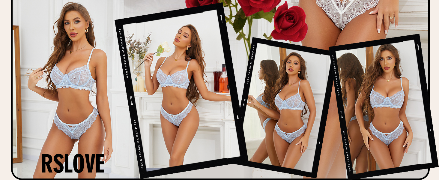 RSLOVE Комплект спідньої білизни для жінок: мереживний, прозорий, сексуальний комплект, бюстгальтер та труси (2 частини), чорний, XXL