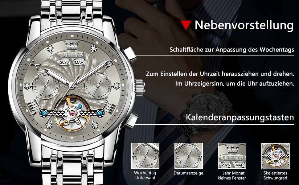 Чоловічий наручний годинник OLEVS Chronograph зі шкіряним ремінцем, японський кварцовий механізм, водонепроникний, класичний елегантний дизайн з датою (7088 Срібло/Синій)