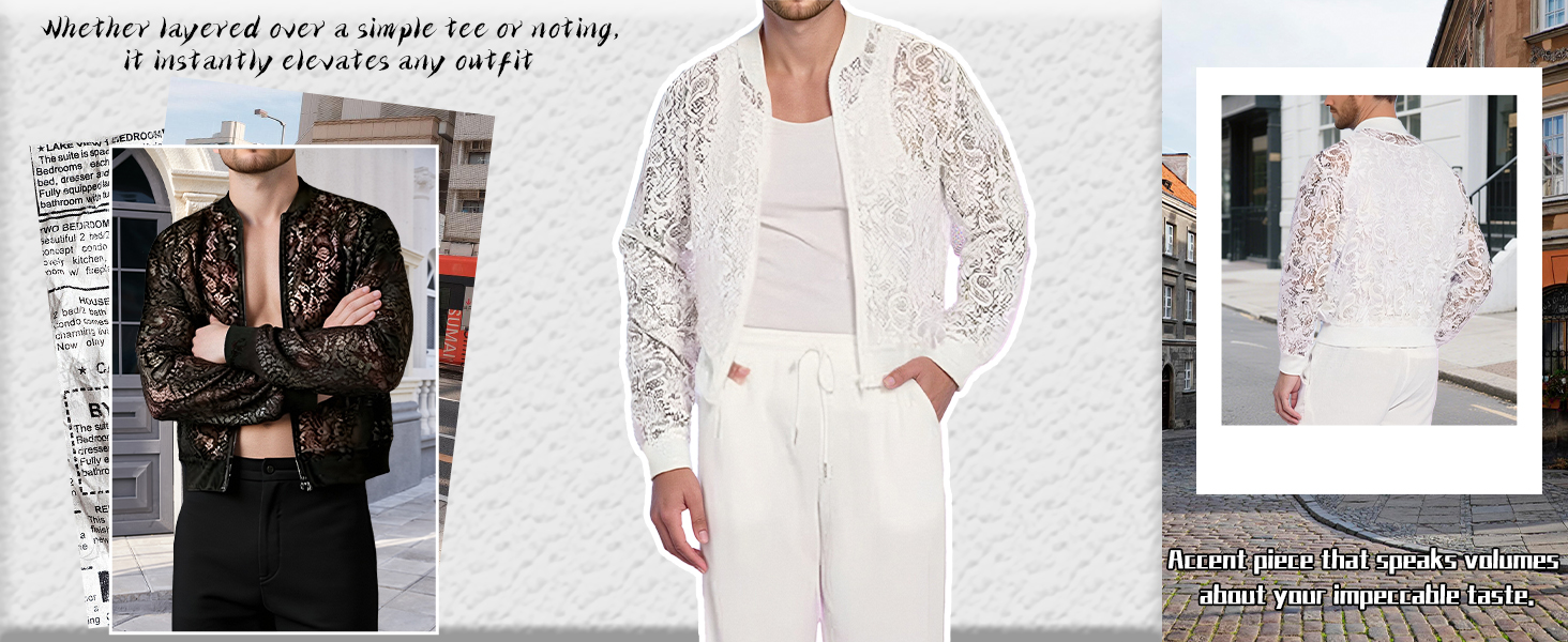 Чоловіча мереживна куртка AIEOE з довгим рукавом, сітчаста сорочка, топ для вечірок, клубної моди, прозора блейзер, сітчаста сорочка для нічного клубу, карнавалу, чорного кольору