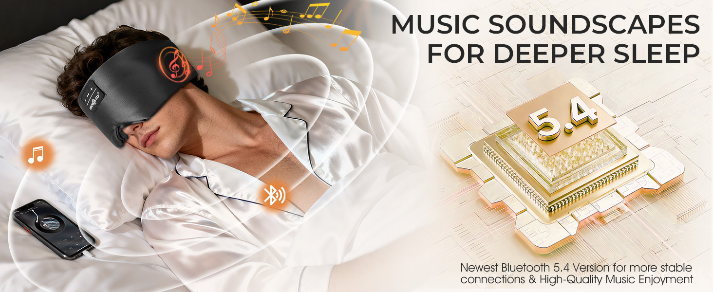 Bluetooth-маска для сну MUSICOZY з навушниками 5.4, шовк малбери 3D, повне затемнення, дихаюча маска для сну для тих, хто спить на боці, чорна, акумулятор 14 год