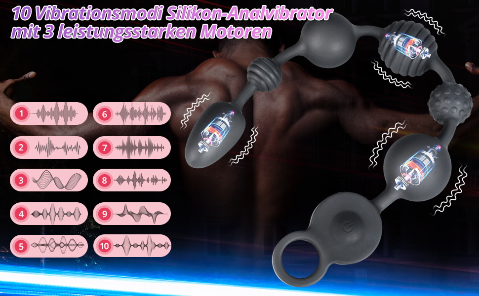 Анальні кулі вібратор із 10 режимів вібрації, 3 моторами та анальною ланцюжком. Стимулятор G-точки, простати, анальних кулястих вставок для чоловіків, жінок, пар.