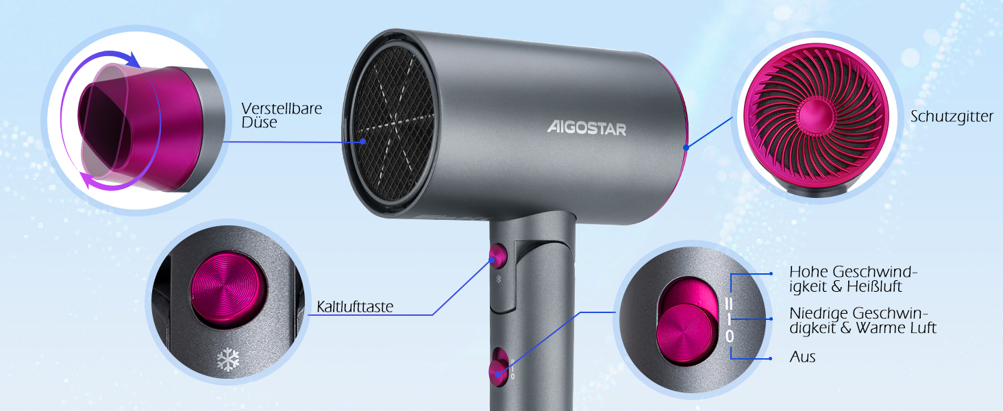 Складаний дорожній фен для волосся Aigostar 1800W з іонною технологією, 2 режими нагріву та холодний обдув, сірий