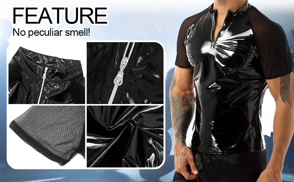 Чоловіча сорочка з лакованої шкіри, Wetlook, коротка, чорна - AIEOE