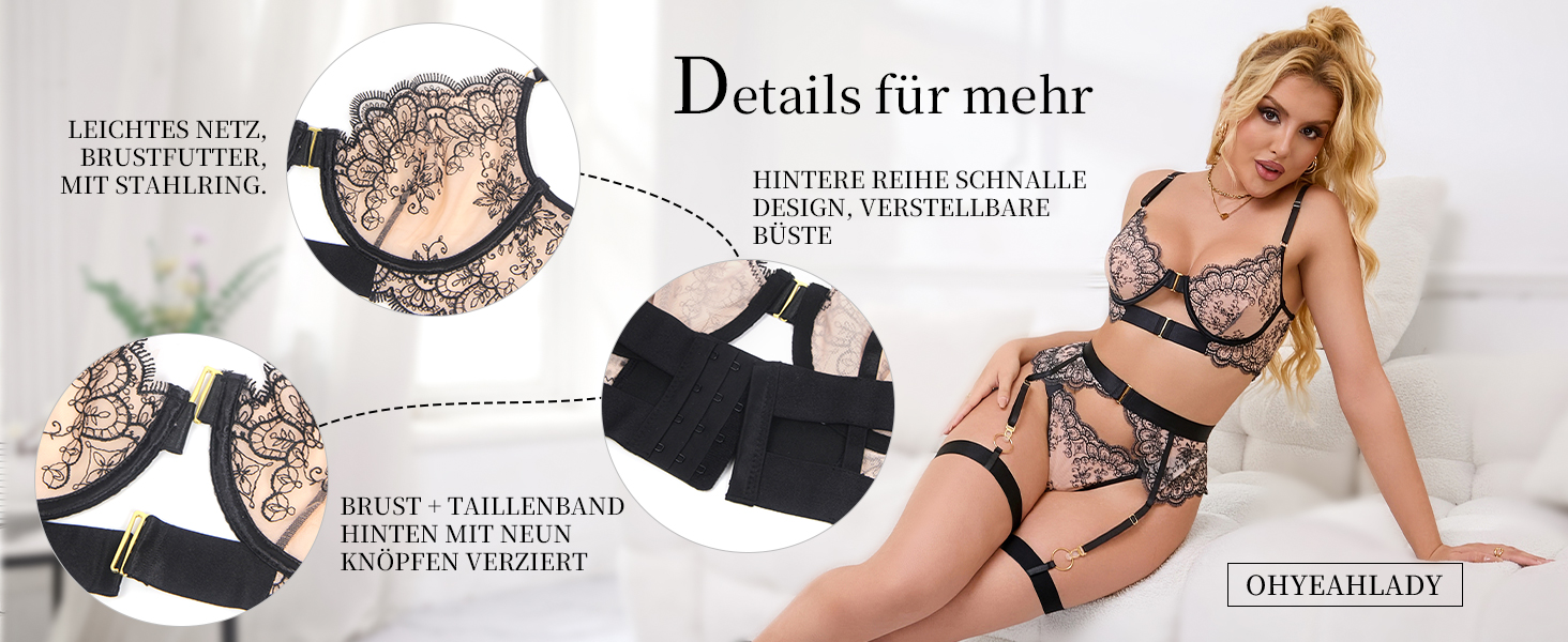 Сексуальна спідня білизна Ohyeahlady для жінок: комплект бюстгальтера та трусиків Push Up з мереживом та шнурівкою. Чорний боді з бюстгальтером та трусиками.