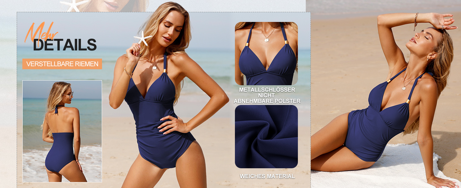 Чоловічий купальник Badeanzug Damen Bauchweg Rückenfrei Shape Badeanzüge Neckholder Sexy Push Up Bademode mit Cups M Schwarz