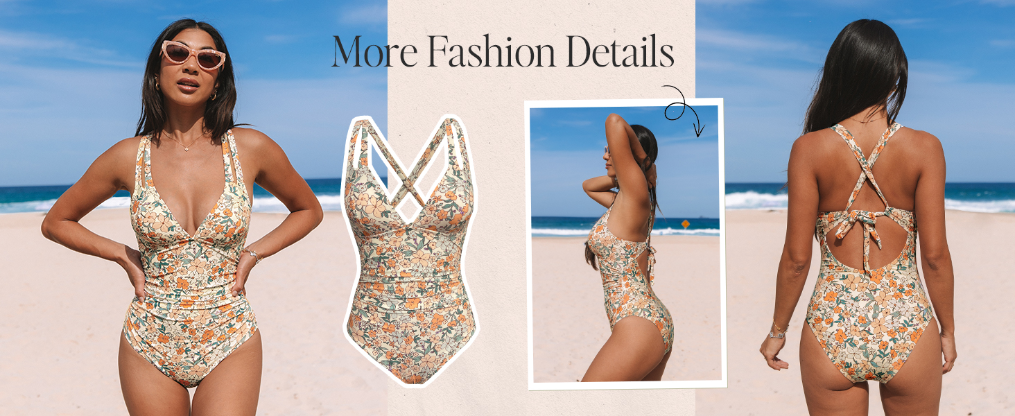 Купальник CUPSHE з V-подібним вирізом, корегуючими складками та глибоким вирізом на спині, одноцільний, оливковий/тропічний, для жінок