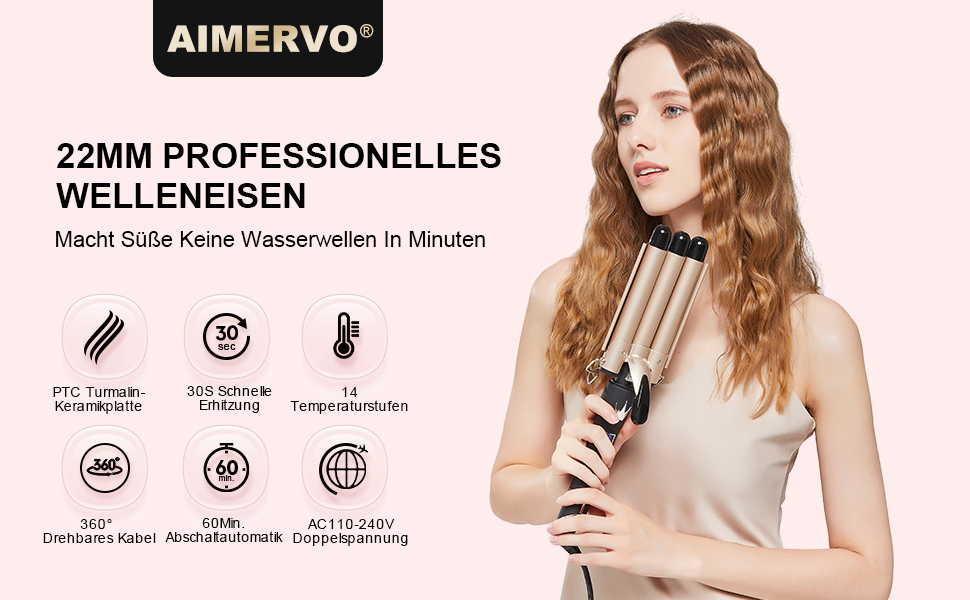 Стайлер для об'ємних хвиль AIMERVO DEEPWAVES, керамічна плойка-гофре з LCD-дисплеєм, 14 рівнів температури (80-210°C), діаметр 22 мм, для всіх типів волосся, з рукавичкою та зажимами