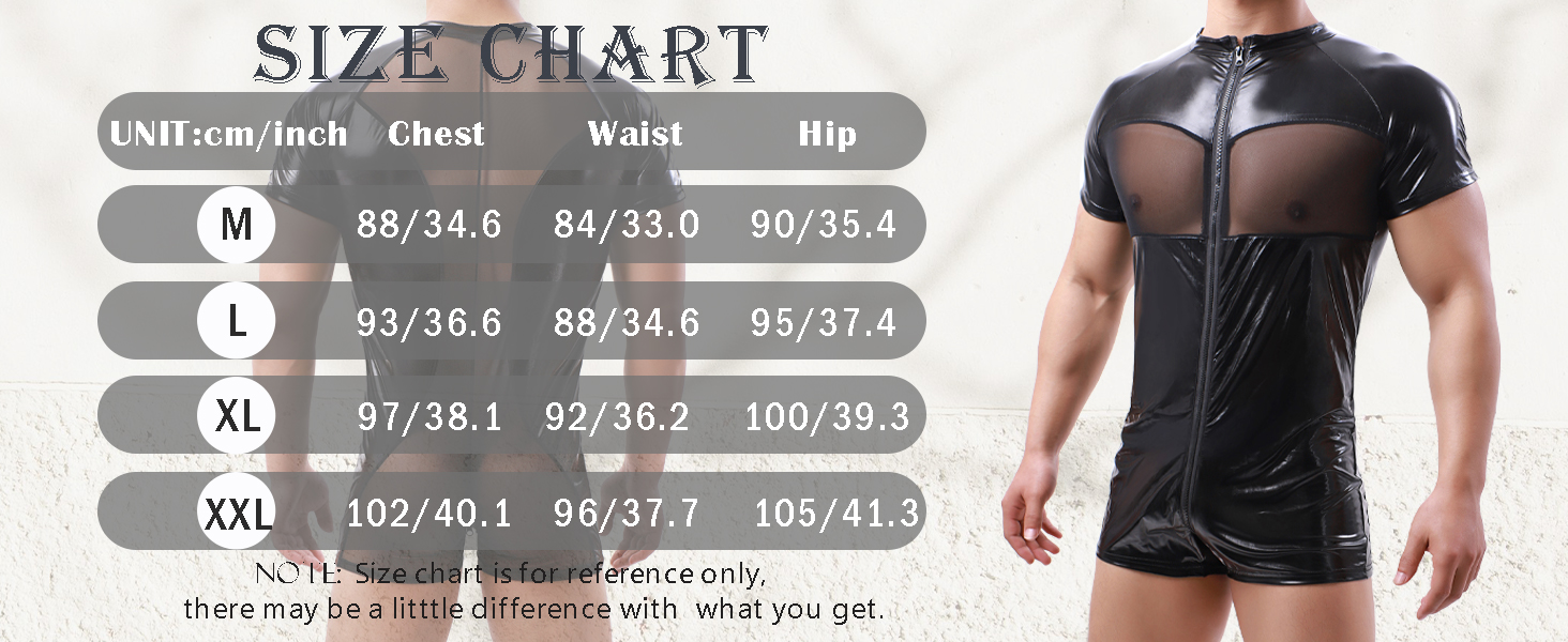 Чоловічий боді QiaTi з короткими шортами, блискавкою та штучною шкірою, з двома кишенями, чорний (M)