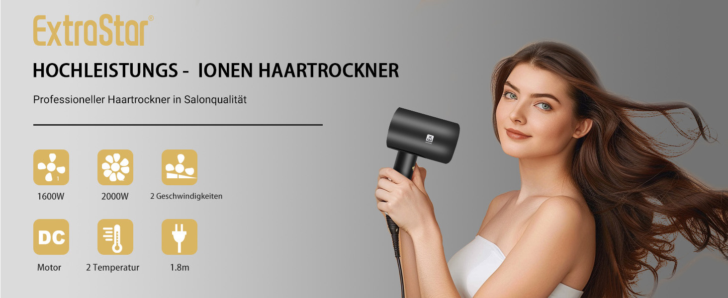 Професійний фен для волосся Haartrockner 2000W з іонізацією, DC-мотором, дифузором та насадкою для стайлінгу, 2 режими швидкості та температури, чорний