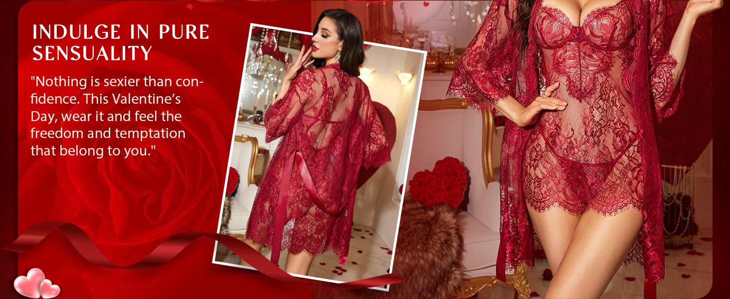 RSLOVE Комплект нижньої білизни для жінок: мереживний комплект з квітковим принтом, 3-частинний (Т-розріз), нічна сорочка, халат, розмір M, бордовий