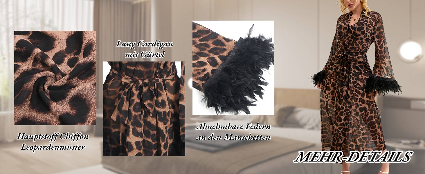 Халат жіночий сексуальний з леопардовим принтом, з пір'ям та мереживом, довгий, великі розміри, для дому, нічна сорочка, бандаж, нічна сукня, халат з поясом, XXL