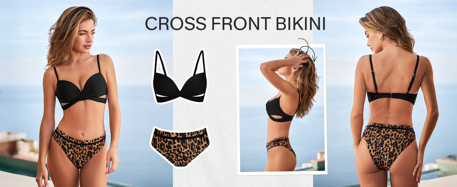 CUPSHE Бійкіні жіночий комплект: топ з пуш-ап, скросовер, двочастинний купальник, пляжна мода, чорний, леопардовий принт