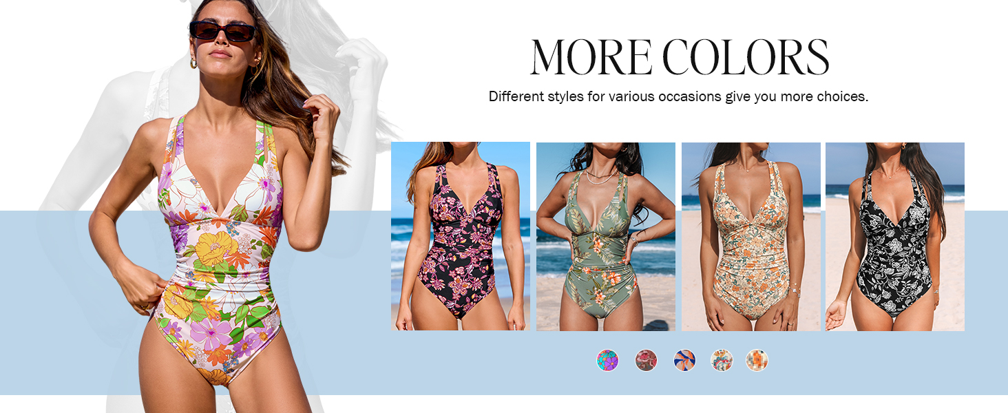 Купальник CUPSHE з V-подібним вирізом, корегуючими складками та глибоким вирізом на спині, одноцільний, оливковий/тропічний, для жінок