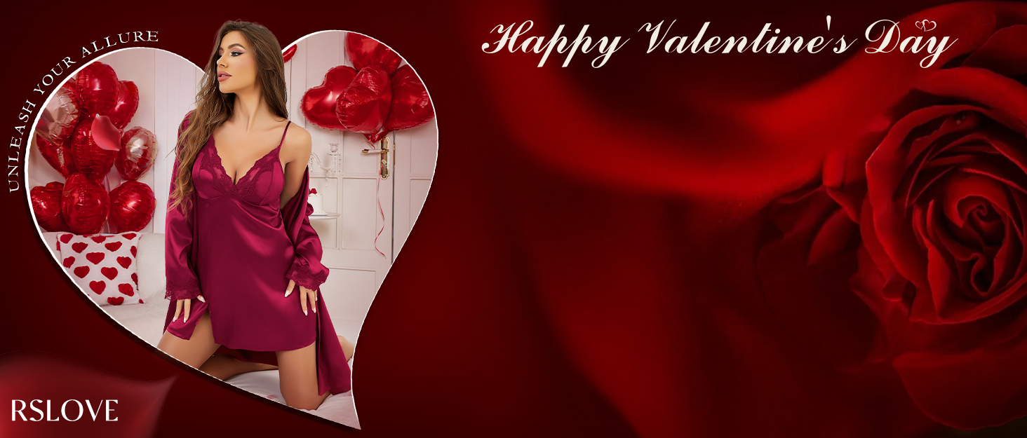 RSLOVE Комплект жіночого шовкового нічного одягу - Сексуальна піжама з мереживом та халатом, 2-частинний комплект, рожевий