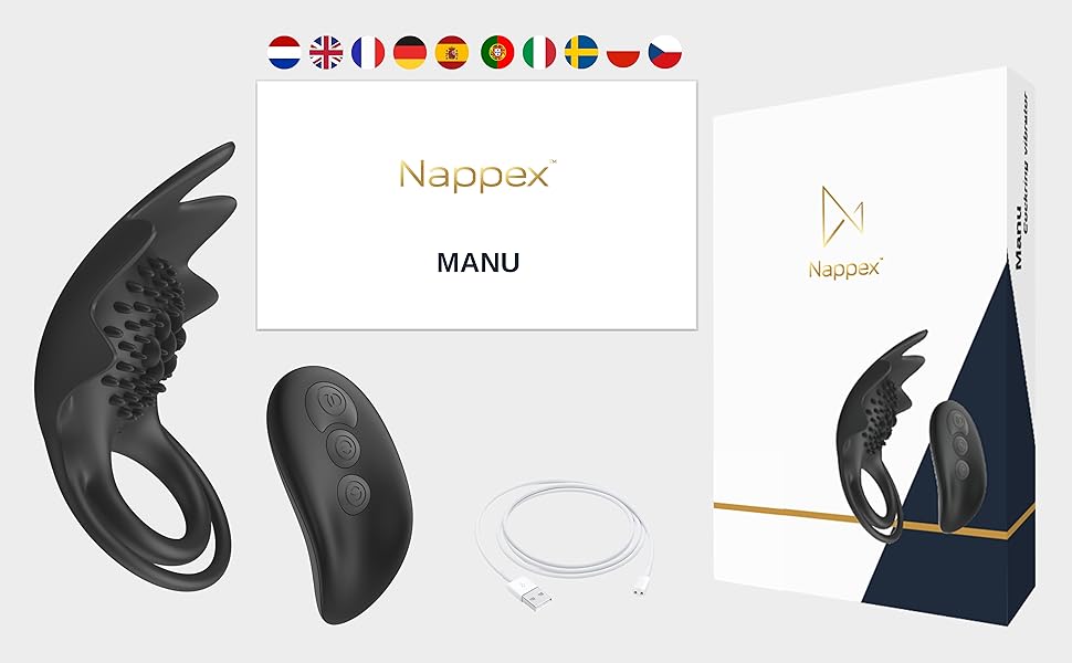 Кольце для статевого члена Nappex Manu з вібрацією - секс-іграшка для пар та чоловіків. Комплект з пультом дистанційного керування, потужний мотор, силікон.