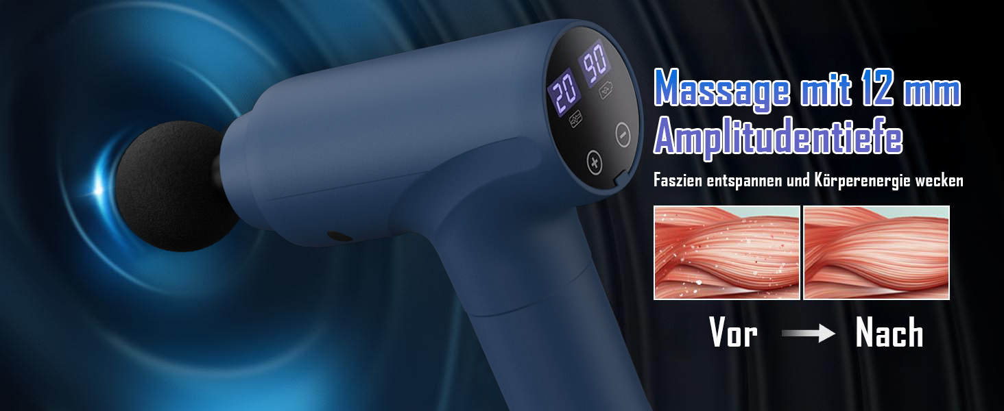 Перкусійний масажер Massage Gun з LED-екраном, електричний масажний пістолет для м'язів: 20 швидкостей, 9 насадок, сумка для перенесення, синій