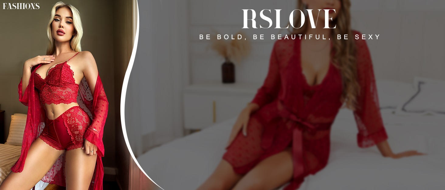 RSLOVE Комплект жіночої білизни: мереживний халат, бюстгальтер та труси (S, Зелений)