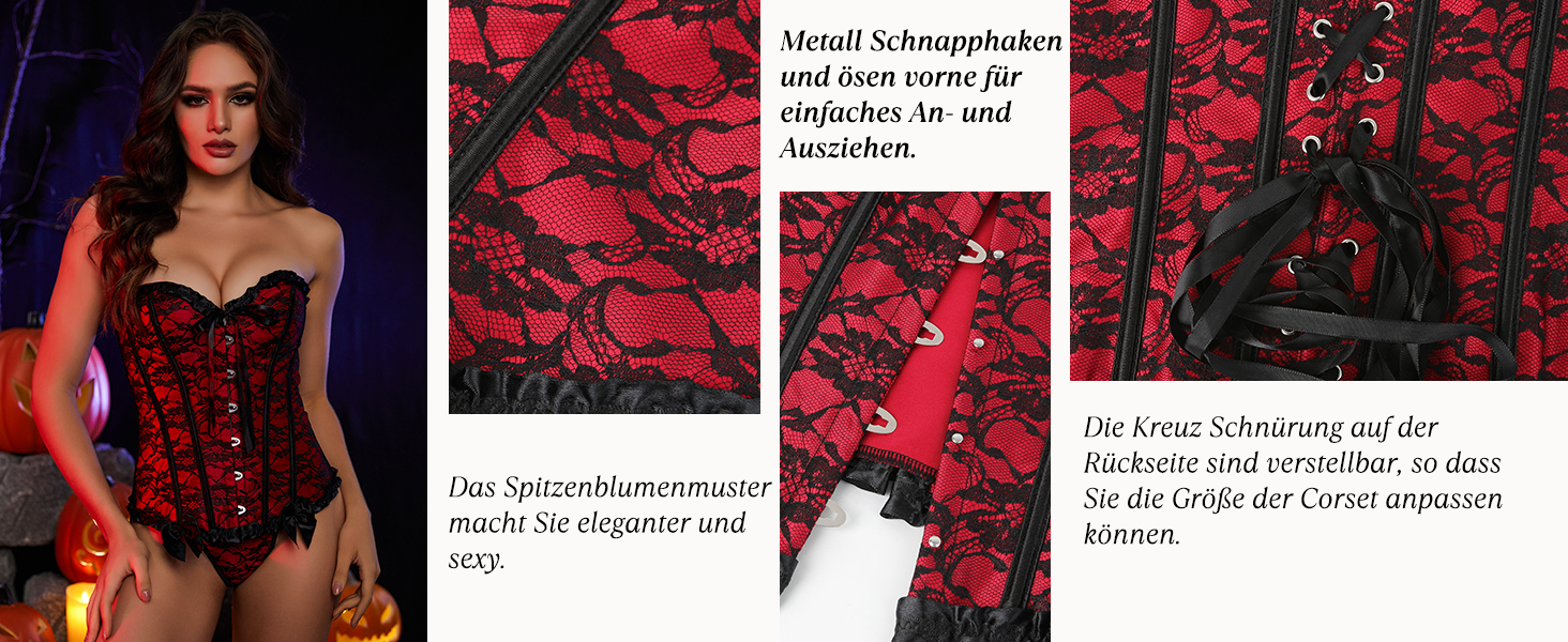 Корсетний топ SLIMBELLE для повного бюсту: готичний корсет з мереживом та імітацією шкіри, з банелом XL, червоний