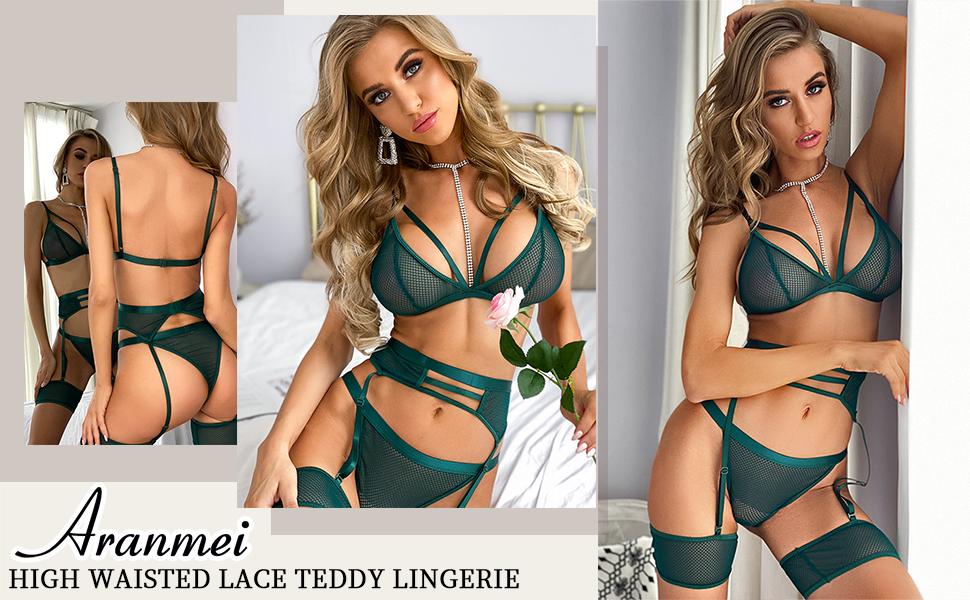 Сексуальний комплект нижньої білизни Aranmei з 4 частин для жінок: мереживний бюстгальтер, труси з високою талією, пояси для панчіх та страпи, розмір 38, колір рожевий