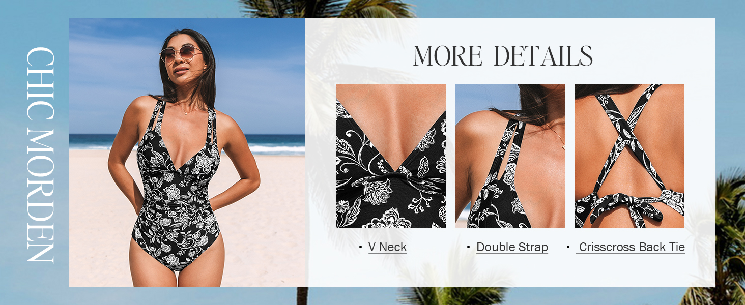 Купальник CUPSHE з V-подібним вирізом, корегуючими складками та глибоким вирізом на спині, одноцільний, оливковий/тропічний, для жінок