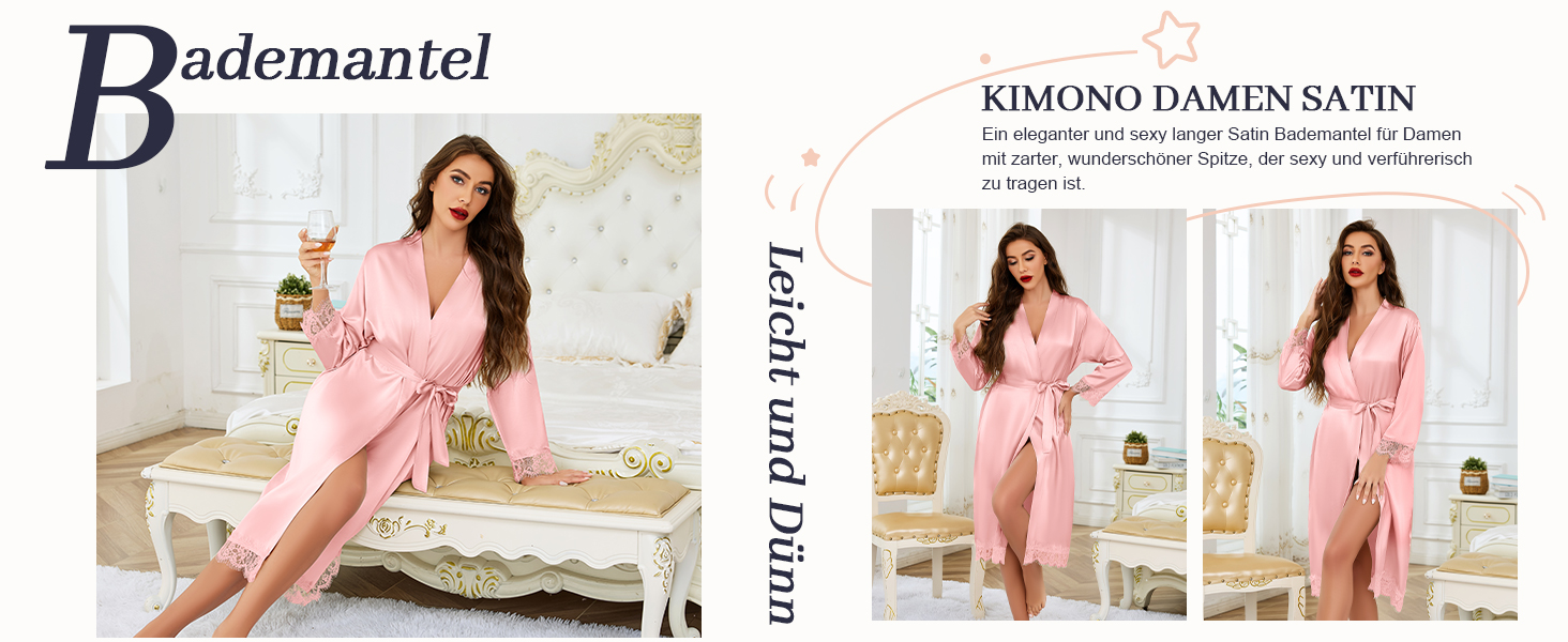 Жіночий халат Lovasy Satin Kimono з мереживом, довгий, колір сіро-зелений, розмір M